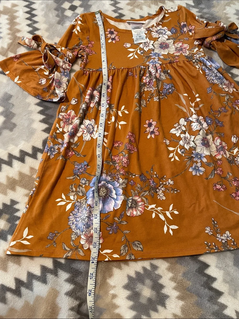 Girls fall Floral Tie-Sleeve Dress - Rust